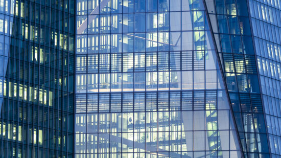 Germany, Hesse, Frankfurt, European Central Bank, detail of glass facade